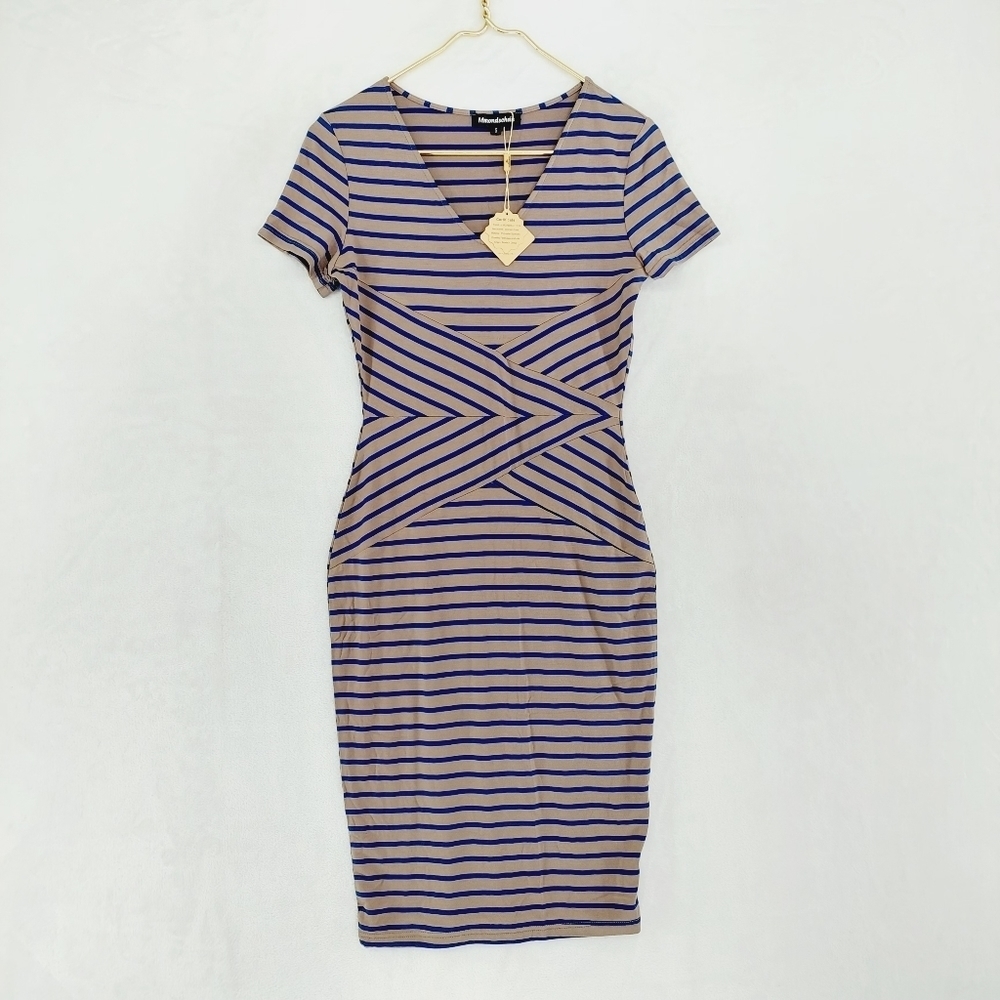 NEW Mmondschein Tan Blue Straps Midi Pencil Short Sleeve Dress P6438